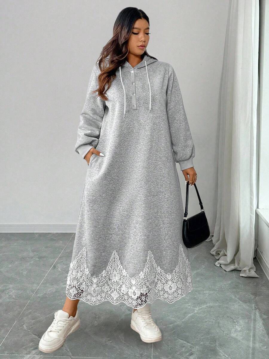 Elenzga Plus Size Women's French Style Casual Backprint Long Sweatshirt Dress Hooded Dress Sweater Dress Women Long Casual Dress Lace Trim Dress Long Sleeve Hooded Dress Winter Fall Autumn - Light Grey - View 1