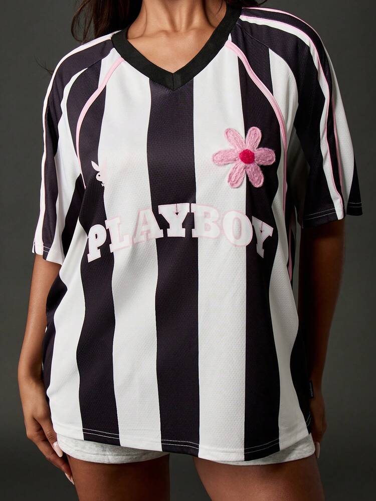 Missguided x Playboy Oversized Football Jersey Style Top With Logo And Flower Applique For Casual Streetwear