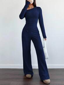 Flirla 女士休闲不对称肩部毛绒T恤+阔腿低腰裤两件套，冬季 - 藏蓝色 - 查看 3