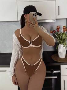 Swim SXY 女式 V 领镂空肩带拼色比基尼泳装，性感欧式泳衣 - 咖啡棕 - 查看 1