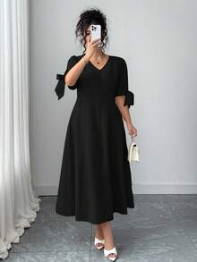 Elenzga Plus Size Women's Elegant Commuter Casual V-Neck Bowknot Puff Sleeve Waist Tie Dress, Summer - Black - View 6