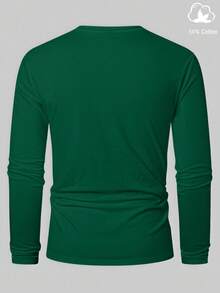 Manfinity Homme 男士休闲纯色长袖T恤，适合春秋季节穿着，绿色T恤，男士绿色上衣，棉质长袖男士全袖T恤，长袖T恤，秋季 - 墨綠色 - 查看 2