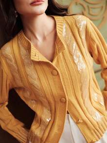 Anewsta Sequin Embellished Twist Flower Elegant Cardigan, Suitable For Autumn, Winter, Going Out, Formal, Party, Chic, New Year, Christmas, Work, Graduation, Wedding