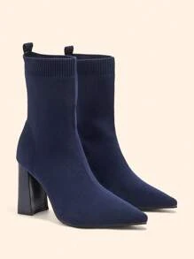 CUCCOO BASICS 女士高跟粗跟尖头弹力针织中筒靴，适合圣诞节穿着 - 藏蓝色 - 查看 3