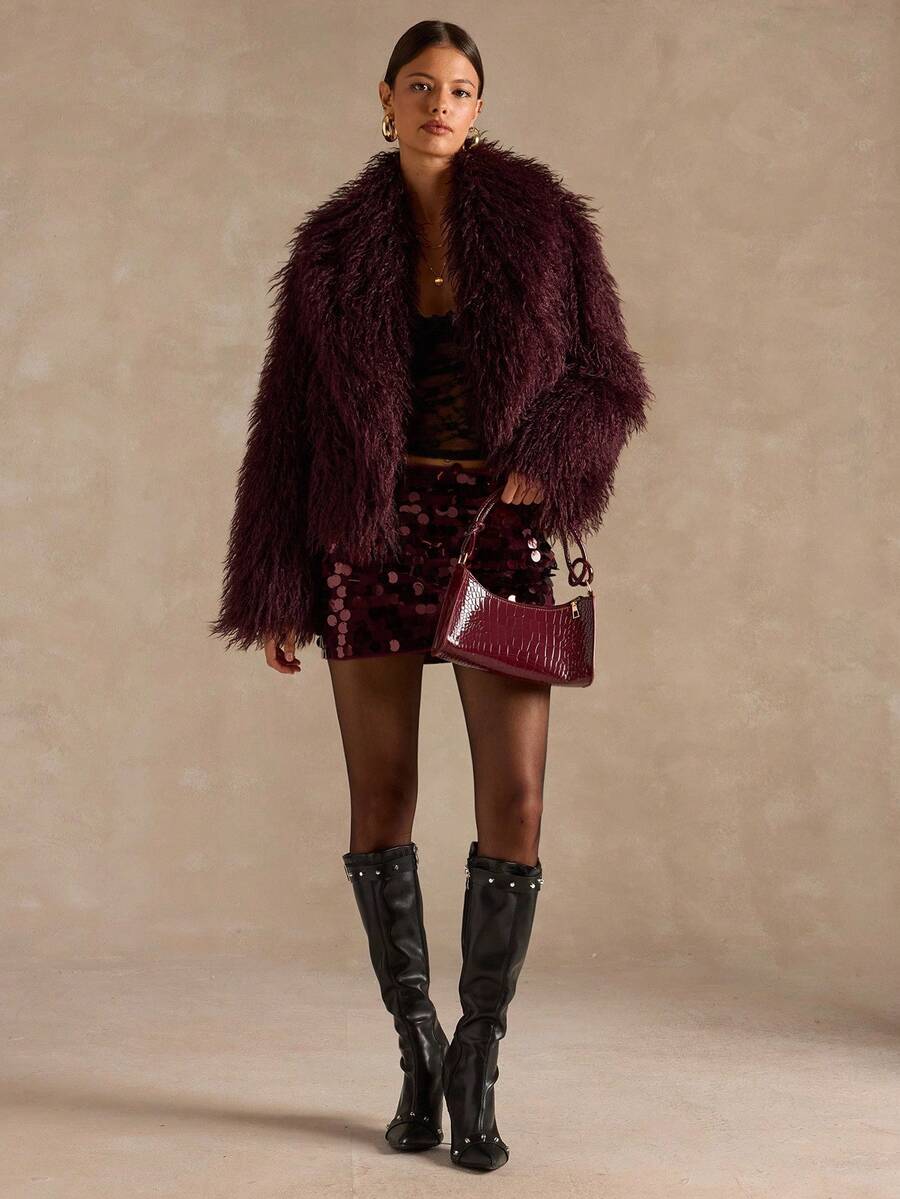 SHEIN BAE Elegant Solid Color Faux Fur Jacket, Autumn/Winter, Fur Coat Women ,Faux Fur Coat,Burgundy Fur Coat,Autumn-Winter Fur Coat - Red Violet - View 1