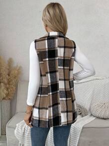 SHEIN Chaqueta sin mangas a cuadros casual y cómoda para embarazadas - Camel - Ver 2