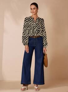 Glamance Pati Paints 斑马纹咖啡色休闲简约动物图案印花女衬衫，适合秋季通勤穿斑马纹衬衫条纹衬衫长袖衬衫女衬衫斑马上衣