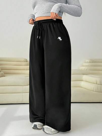 Solflare 加大码纯色松紧腰抽绳宽松直筒运动裤，带口袋