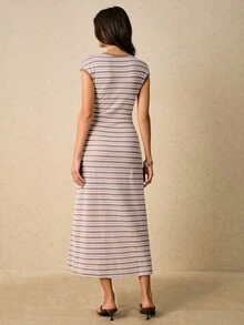 Poéselle 女士休闲条纹连衣裙，夏季 - 卡其色 - 查看 2