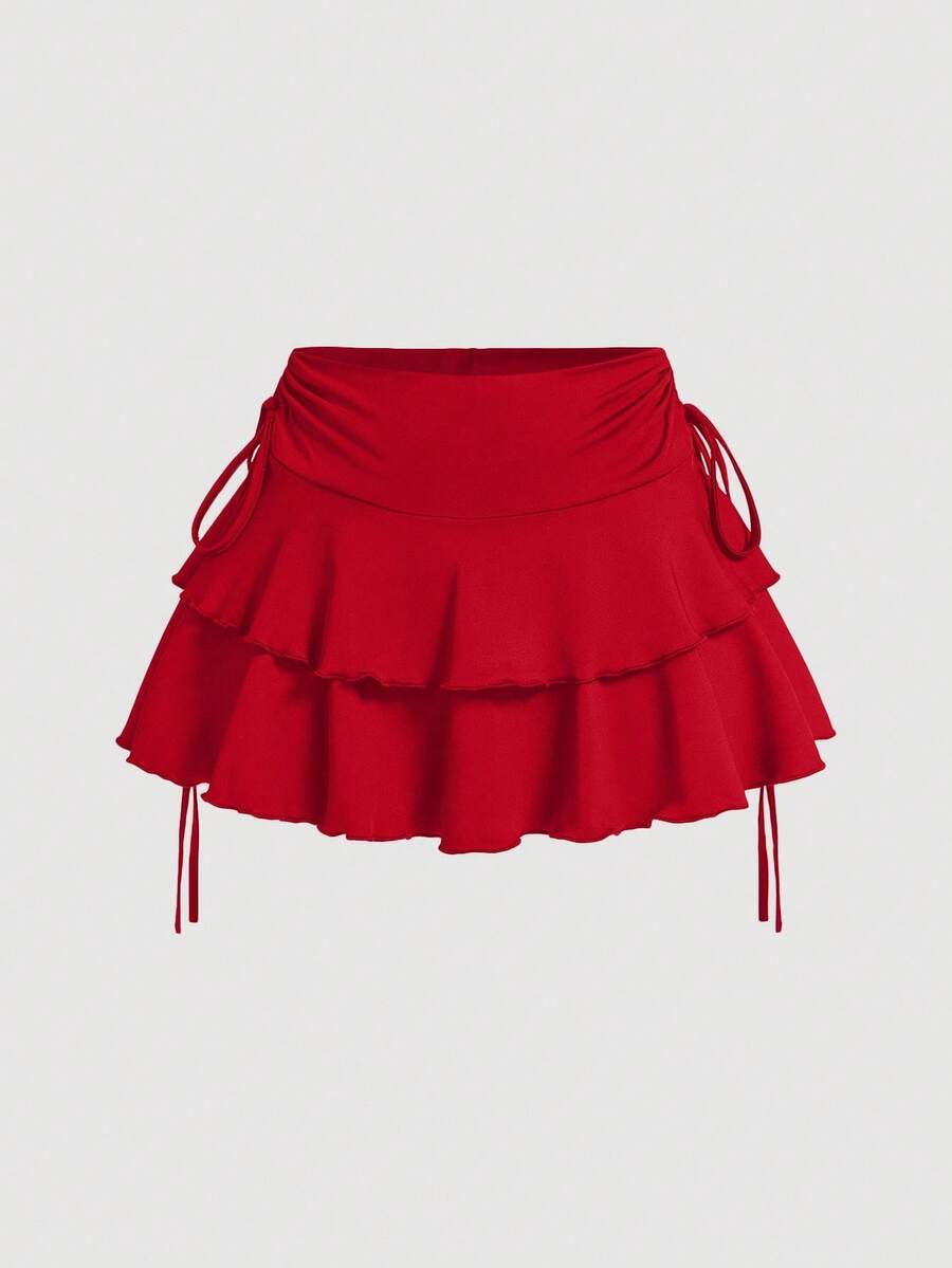 SHEIN MOD Women's Solid Color Drawstring Pleated Waist Skirt - Red - View 1