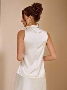 SHEIN BAE 纯色褶皱设计无袖吊带背心，优雅圆领背心，白色背心 - 白色 - 查看 2