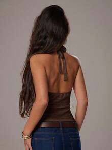 SHEIN Forever 21 情人节休闲复古节日服装、乡村音乐会服装、返校日茶会服装、基本款音乐会服装、女士婚礼正式服装、西式鸡尾酒会俱乐部服装、优雅度假办公室服装、机场服装无袖纹理、白色领口上衣、西式女装、白色女式上衣、平价服装、白色女式服装 - 棕色 - 查看 2