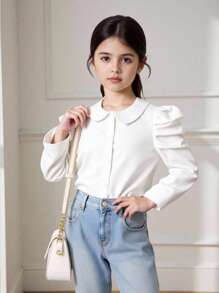 SHEIN 年轻女孩可爱学院风百搭休闲白色公主袖彼得潘领翻领衬衫，背面上衣学校 - 白色 - 查看 1
