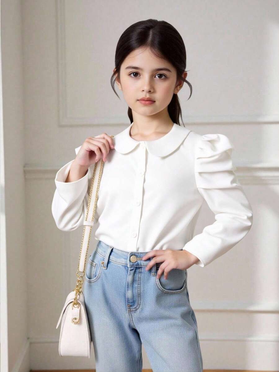 SHEIN 年轻女孩可爱学院风百搭休闲白色公主袖彼得潘领翻领衬衫，背面上衣学校 - 白色 - 查看 1