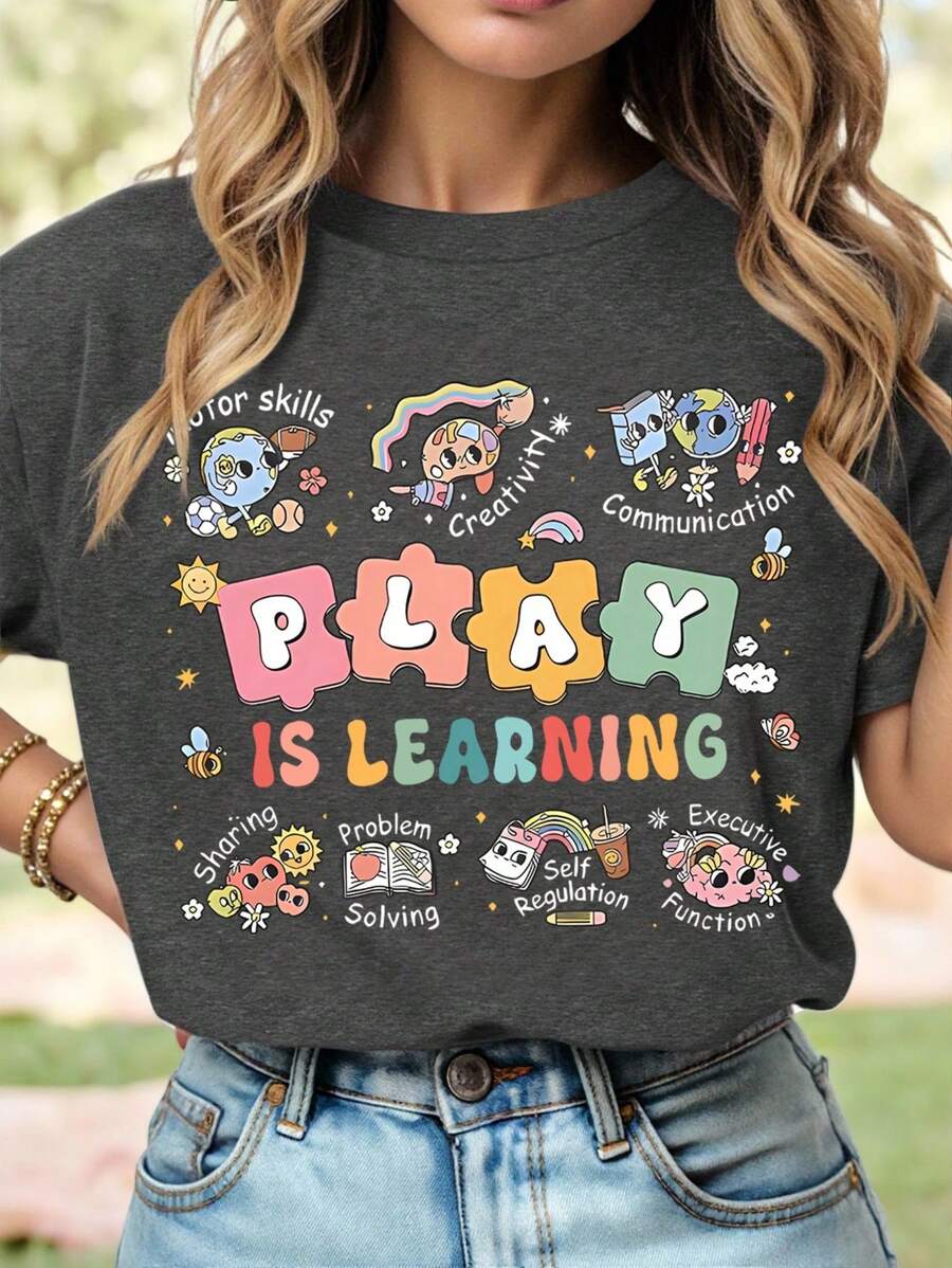 EMERY ROSE 大码女式夏季字母和卡通印花圆领短袖休闲T恤，适合教师