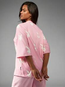 Missguided x Playboy Bunny Logo All Over Print Oversized Tee Lounge Wear Comfort Casual Summer Streetwear Graphic T-Shirt - Pink - View 2