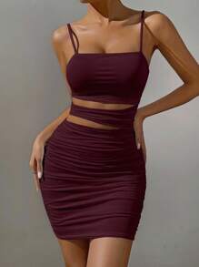 SHEIN x Marika Sila Allurite Váy xếp ly gợi cảm màu đỏ nâu, trang phục hẹn hò, váy dự tiệc cưới, trang phục sinh nhật, trang phục đầu thu, trang phục trở lại trường, váy dự tiệc - Gỗ đỏ - Xem 4