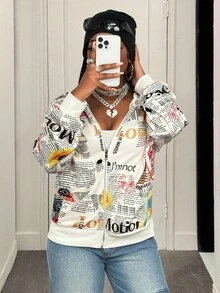 BamGleam Sudadera con capucha de mujer con estampado retro de periódico - Blanco y Negro - Ver 6