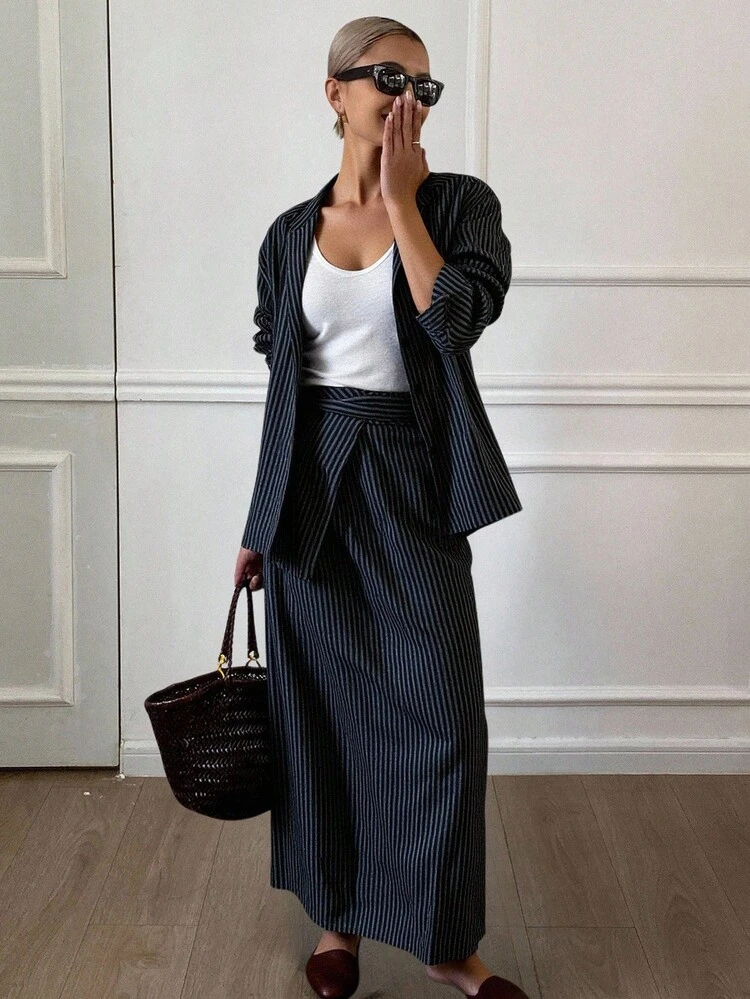 Women's Casual Striped Shirt And Skirt 2 Pieces Set Lounge Sets For Women