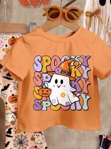 SHEIN Cute Halloween Caramel Orange, Adorable Cartoon Colorful Flower Ghosts, Pumpkins, Candies, Spider Web Pattern, Spooky Cute, Trick Or Treat, Cute Boo, Baby Girl Casual Minimalist Short Sleeve Crew Neck T-Shirt And Flare Pants Set, Autumn Outfits For , Easy Comfort, Autumn Layers For Baby & Girls, Stylish Kids, Casual Wear, Baby & Kids Graphic Clothes, Fall Clothes