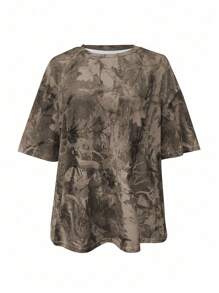 Damska koszulka z krótkim rękawem i nadrukiem w całości, prosta i modna, odpowiednia na lato - Brązowy - Zobacz 3