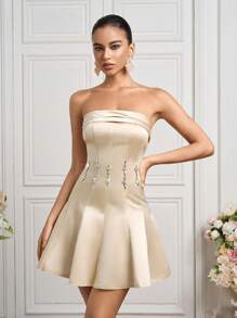 Poshira Women's Elegant Party Rhinestone Decor Satin Strapless Cocktail Dress Sequin Dress  Lace Dress Beige Dress Luxury Evening Dresses For Women - Champagne - View 3