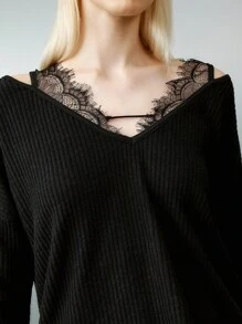 Airlisse Women's V-Neck Lace Patchwork Ribbed Loose Knit T-Shirt, Spring/Autumn - Black - View 6