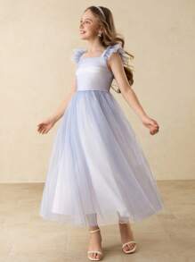 New Cap Sleeve High-End Mesh Princess Dress, Suitable For Back To School Party, Halloween, Girls Elegant Costume Dress - Blue - View 3