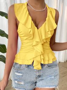 SHEIN Unity Women's Solid Color V-Neck Sleeveless Ruffle Trim Fitted Tank Top - Pale Yellow - View 3