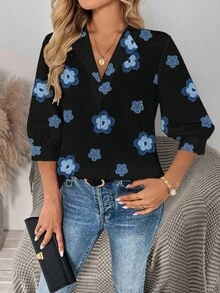 Modelyn 仿牛仔布女士休闲花卉印花办公室衬衫，适合秋冬季 - 黑色 - 查看 4