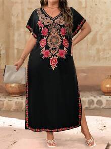 EMERY ROSE Plus Size Women Floral Print V-Neck Short Sleeve Loose Casual Dress
