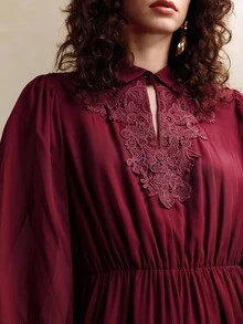 EMERY ROSE 女式纯色简约蕾丝领长袖连衣裙 - 酒紅色 - 查看 2