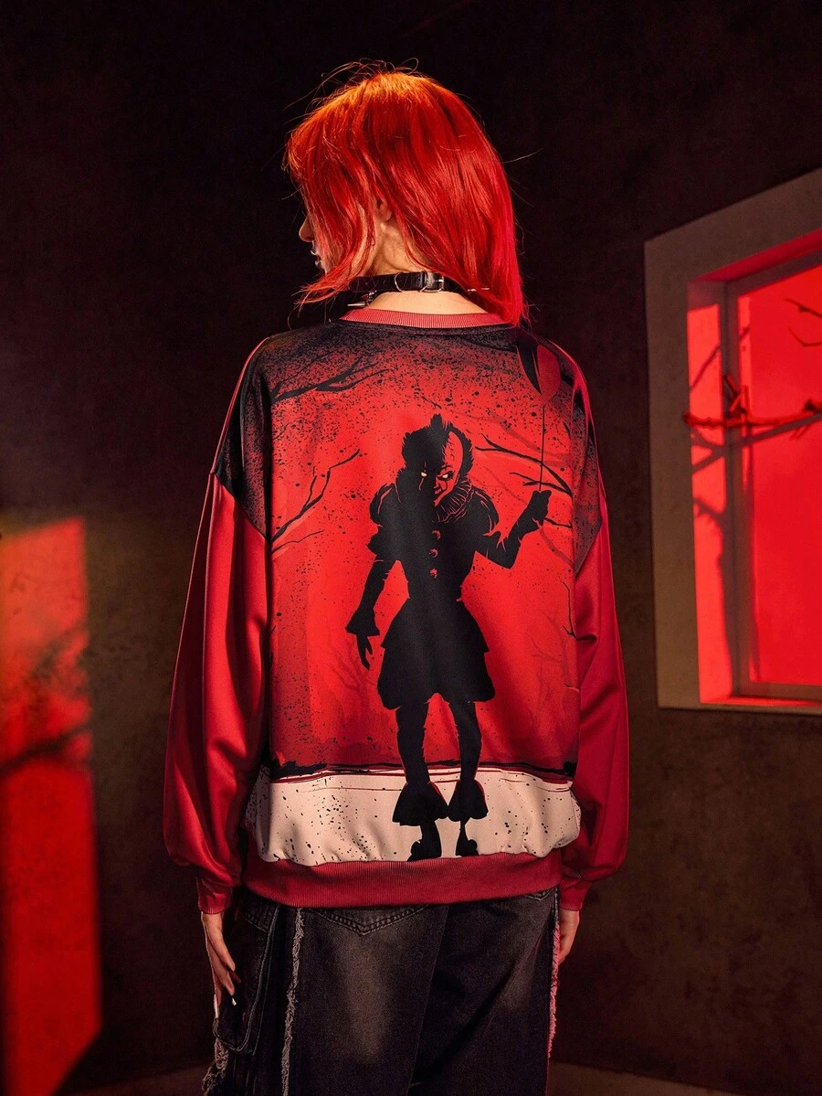 IT x SHEIN Horror Movie Figure Graphic Pullover - Red - View 1