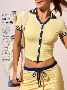 CourtClass Women's Light Yellow V-Neck Short Sleeve Tennis Exercise Sports Polo Shirt Yellow Tennis Outfit Women Tennis Skirt - Yellow - View 1