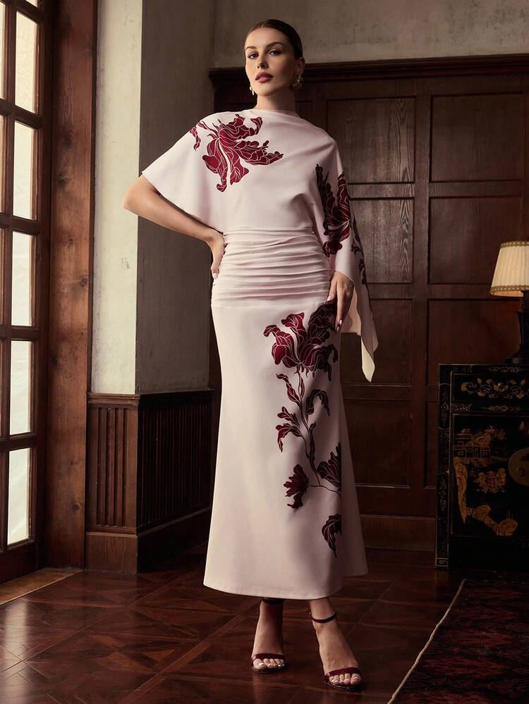 ZEYLAH Women's Floral Print Short Sleeve One-Shoulder Elegant Maxi Dress - Multicolor - View 4