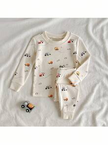 Loomiva 2 件套男婴舒适睡衣套装，卡通汽车印花柔软针织圆领长袖上衣和松紧腰长裤，舒适棉质幼儿睡衣，适合冬季