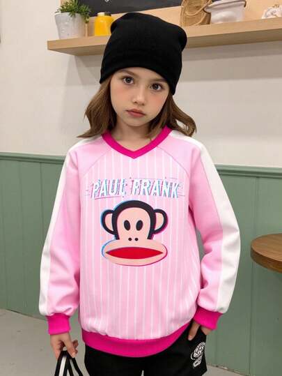 Paul Frank X SHEIN Young Girl Striped Cartoon Print Raglan Sleeve Contrast Color Block Fleece Sweatshirt, Autumn/Winter