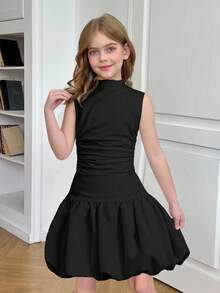SHEIN Nova Glow Tween Girls Elegant Solid White Color Stand Collar Bachelorette Dress Y2k Dress , Suitable For Casual Daily Wear & School Daily , Back To School,Graduation Dress Black Dress Bubble Hem Girls Sleeveless Dress Girls Black Dress Kids Black Dress Tween Black Dress Black Dress Girl Black Dress For Tweens Black Dress Kid Girl
