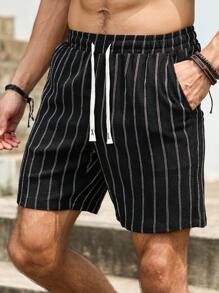 Manfinity Homme 男士夏季休闲日常通勤条纹印花抽绳腰斜口袋宽松短裤 - 黑色 - 查看 7