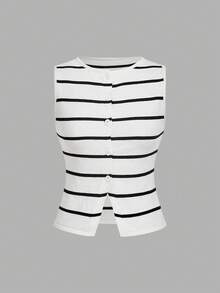 SHEIN Unity Cardigan sans manches à simple boutonnage, style casual, rayures noires et blanches, couleurs contrastées pour femmes - Blanc - Voir 2