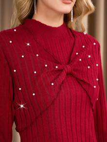 女式勃艮第纯色简约无袖连体裤和长袖夹克两件套，合身 - 酒紅色 - 查看 4