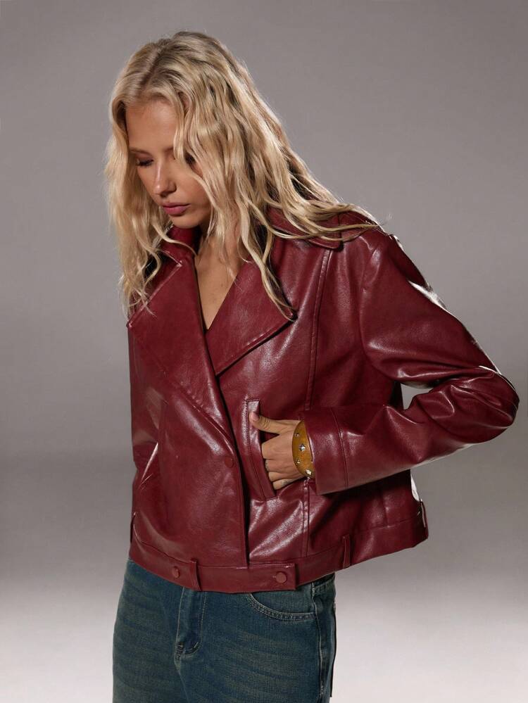 TRNVIE 1 件女式宽松波西米亚风格仿皮夹克，立领，秋冬休闲摩托车外套 - 酒紅色 - 查看 4