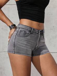 SHEIN ICON 女式口袋紧身休闲百搭牛仔短裤 - 灰色 - 查看 5