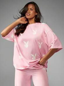 Missguided x Playboy Bunny Logo All Over Print Oversized Tee Lounge Wear Comfort Casual Summer Streetwear Graphic T-Shirt - Pink - View 1