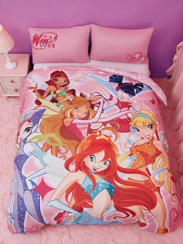 The Winx X SHEIN 3pcs/Set Girls Style Duvet Cover Set, Soft And Comfortable, Suitable For All Seasons