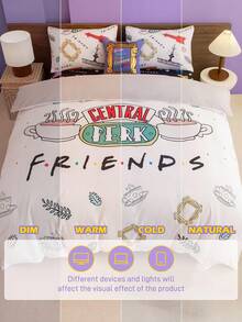 FRIENDS X SHEIN 3pc Coffee Cup Print White Bedding Set,Suitable For Single Bed/Double Bed/Queen Bed/King Bed, Dormitory/Home - Multicolor - View 10