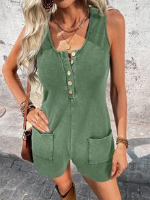 SHEIN LUNE Women's Casual Washed Fabric Music Festival Spring/Summer Daily Basic Outfit Jumpsuit With Pockets - Green - View 4