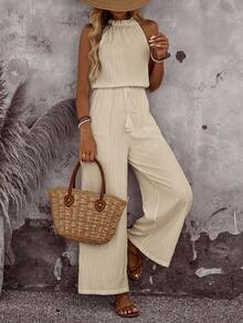 EMERY ROSE Summer Vacation Casual Solid Color Halter Jumpsuit - Apricot - View 11