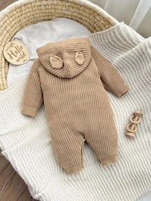 SHEIN Newborn Baby Cute Bear Patch Hooded Knit Romper, Autumn/Winter Baby Knit Romper Baby Romper Bear Baby Knit Jumpsuit Baby Hooded Romper Baby Sweater Romper Fall - Khaki - View 2