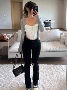 DAZY Basic Round Neck Retro Short Cardigan, Autumn/Winter - Grey - View 5